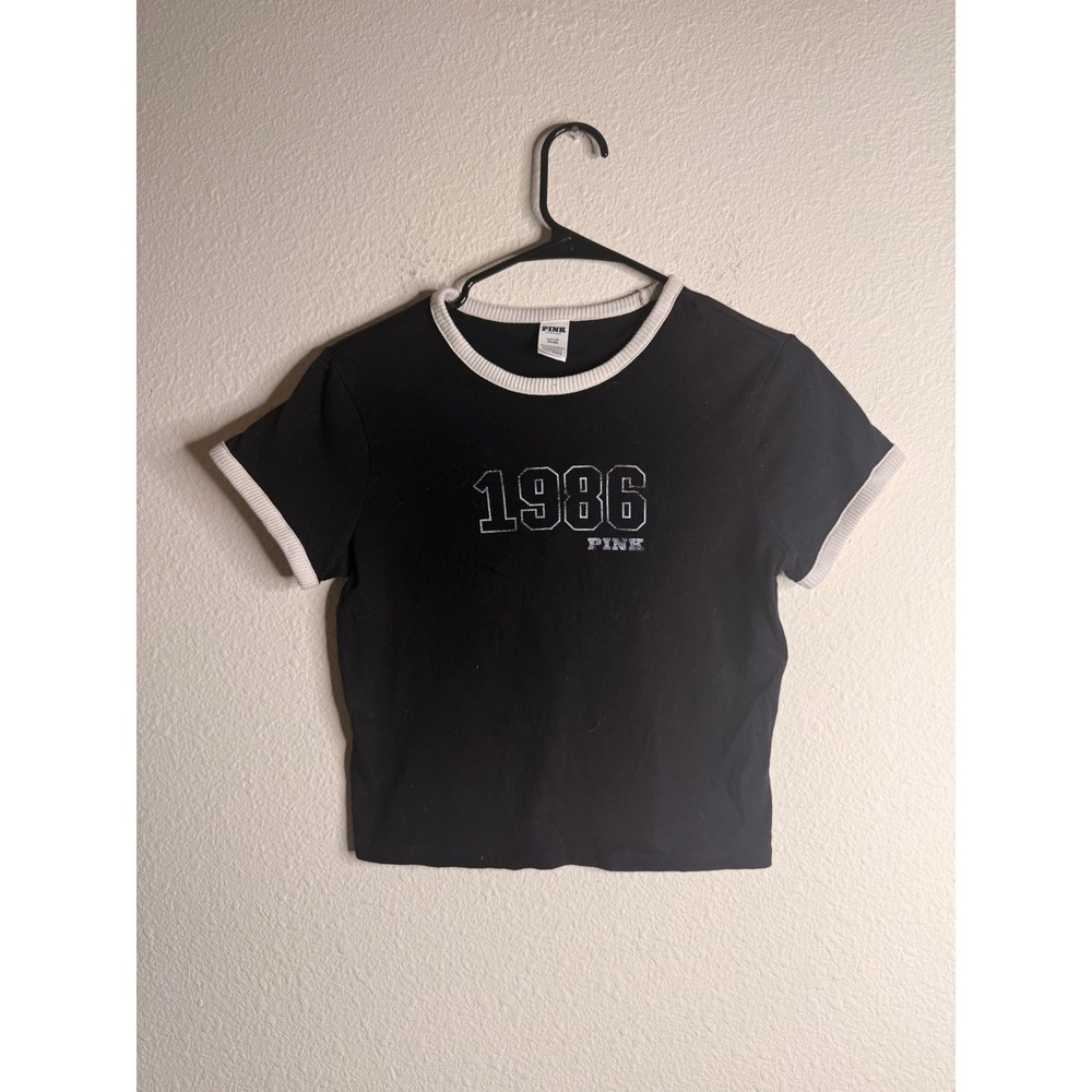 PINK Victoria's Secret Ringer Tee Women 1986 Graphic S Black Good